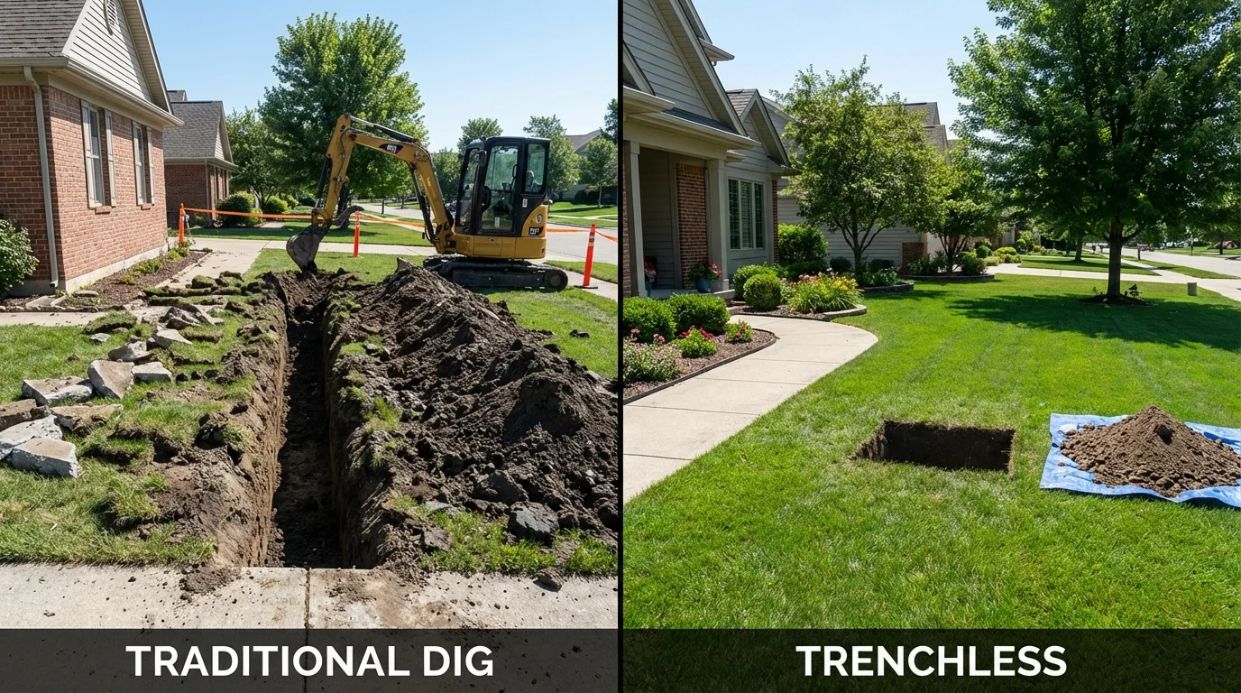 Trenchless sewer repair with minimal yard damage versus traditional excavation in Vandalia, MO